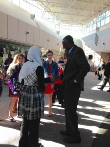 Indiana students talk with WFP Laureate Gabisa Ejeta.